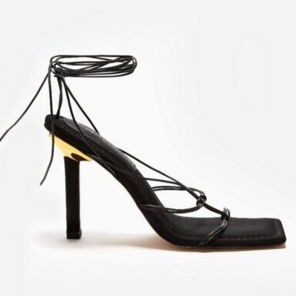 NWT Good American‎ Cage Slanted Sandals Neoprene Black Lace Up Heel Size 5 - Picture 4 of 15